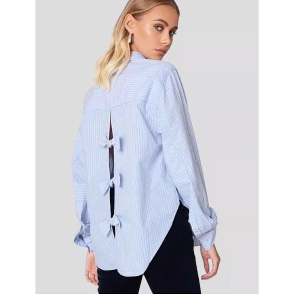 Free People Blue White Tie It In A Bow Oversized Cotton Button Down Shirt L